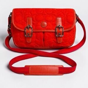 Coach Quilted Crossbody Bag Coral Fabric Suede Leather Trim Vintage
